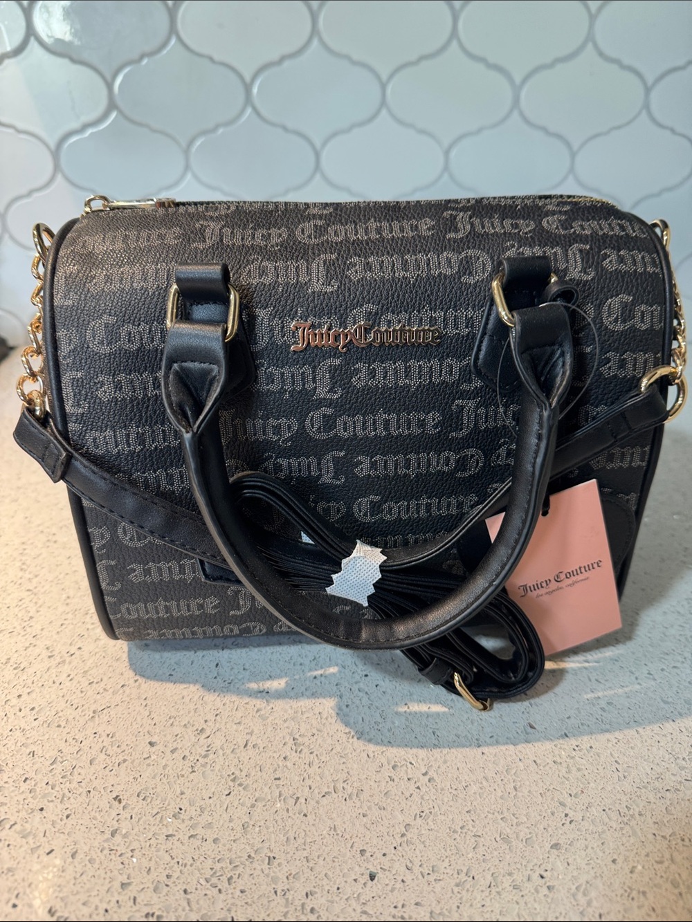 Juicy Couture Black Logo Dome Satchel with Gold Hardware